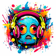 Cartoon character with headphones and paint splatters.