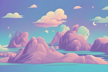 Magical and Whimsical Fantasy Landscape covered in magical aura. Pandora land. Alien Landscape. Digital illustration. Kids Cartoon Backgrounds. Children Story Book 2d illustration.  Generative AI