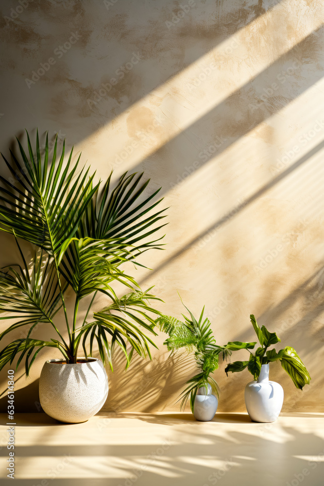 Poster Three potted plants sitting on top of wooden table.