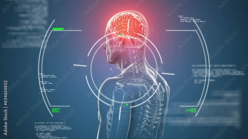 Aufkleber animation of scope scanning over data processing and spinning human body model on blue background