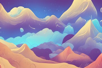 Magical and Whimsical Fantasy Landscape covered in magical aura. Pandora land. Alien Landscape. Digital illustration. Kids Cartoon Backgrounds. Children Story Book 2d illustration.  Generative AI