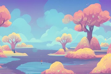 Magical and Whimsical Fantasy Landscape covered in magical aura. Pandora land. Alien Landscape. Digital illustration. Kids Cartoon Backgrounds. Children Story Book 2d illustration.  Generative AI