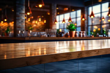 Wooden table top in front of bar with potted plant.