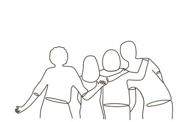 Modern line art of rear view of four young friends hugging and standing together, looking away. fun friendship love together sketch multiracial group.