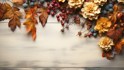 Autumn season frame dried flowers on wooden board with copy space background. Thank giving day concept background.