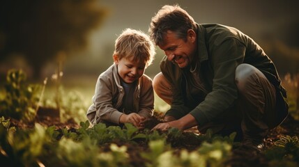 A father and his son is working at farm.