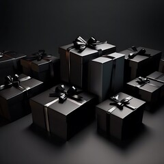 black 3d gift boxes isolated on dark background