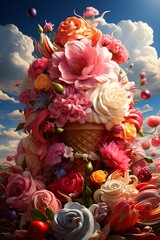 Image of ice cream cone with flowers on it.