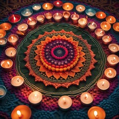 hinduism festival celebration, bunch of lightening candles and mandala pattern design on ground