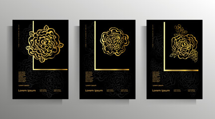 Cover design for posters, magazines, books, booklets, brochures, flyers, invitations, reports, and folders. Template set with a hand-drawn floral graphic element. Vector illustration black with gold.