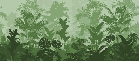 Seamless horizontal background, vector. Jungle, tropical forest with a variety of plants. Green tones	 - 634616005