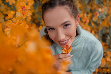 Portrait of a beautiful woman  hold the fall leaves and resting in the park. The happy girl wearing...