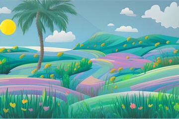 Summer Landscape in beautiful colors. 2d Animation Style illustration. Children Story Book Illustration. Kids Cartoon Background. Generative AI