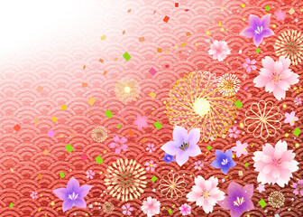 Naklejka premium 花と金装飾の豪華な和柄背景 高級感 青海波 年賀状 和紙 和風 キラキラ赤