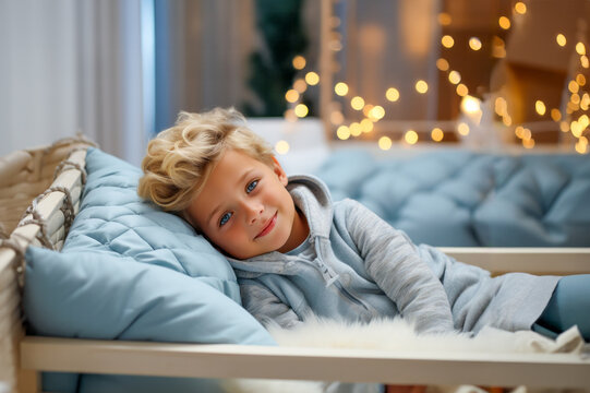 Cute little boy lying in bed at home and looking at camera Generative AI