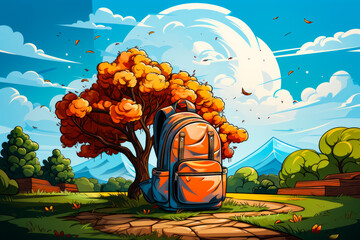 Image of backpack sitting in the grass under tree.