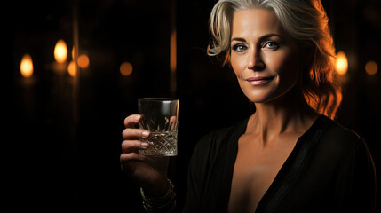 50 year old good looking woman holds a glass of water in her hand. Conscious attitude to health, refusal of alcohol. Sober Oktober, dry January concept.