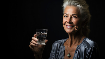 50 year old good looking woman holds a glass of water in her hand. Conscious attitude to health, refusal of alcohol. Sober Oktober, dry January concept.