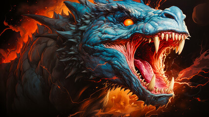 Close up of dragon's mouth with flames in the background.