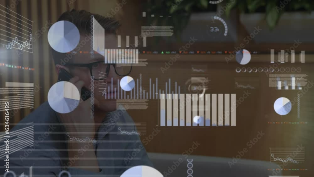 Aufkleber animation of statistical data processing against caucasian man talking on smartphone at office
