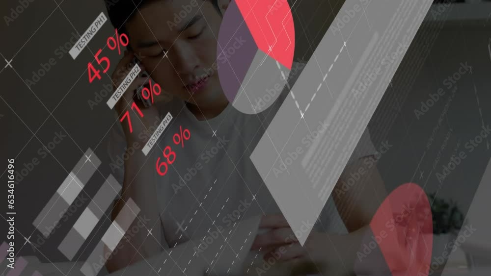 Aufkleber animation of statistical data processing against asian man talking on smartphone at home