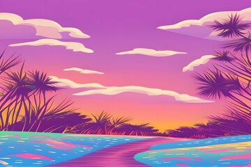 Fototapeta na wymiar Summer Landscape in beautiful colors. 2d Animation Style illustration. Children Story Book Illustration. Kids Cartoon Background. Generative AI