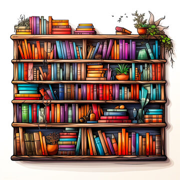 Drawing of bookshelf filled with lots of books.