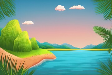Summer Landscape in beautiful colors. 2d Animation Style illustration. Children Story Book Illustration. Kids Cartoon Background. Generative AI