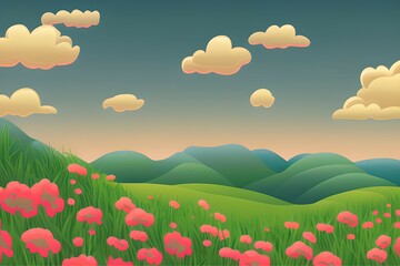 Summer Landscape in beautiful colors. 2d Animation Style illustration. Children Story Book Illustration. Kids Cartoon Background. Generative AI