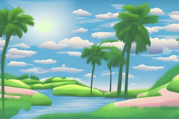 Summer Landscape in beautiful colors. 2d Animation Style illustration. Children Story Book Illustration. Kids Cartoon Background. Generative AI