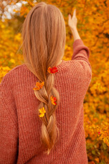 Portrait of a beautiful woman  hold the fall leaves and resting in the park. The happy girl wearing...