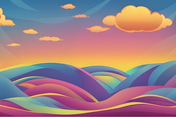 Summer Landscape in beautiful colors. 2d Animation Style illustration. Children Story Book Illustration. Kids Cartoon Background. Generative AI