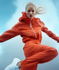  Beautiful fashionable woman in modern red activewear - obrazy, fototapety, plakaty