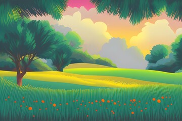 Summer Landscape in beautiful colors. 2d Animation Style illustration. Children Story Book Illustration. Kids Cartoon Background. Generative AI