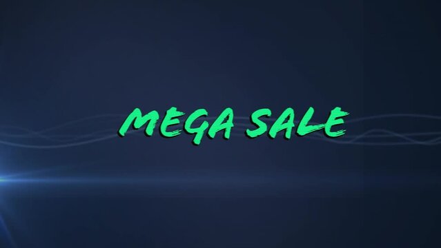 Animation of mega sale text banner over light trails and spots against blue background - Powered by Adobe