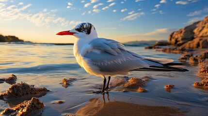 : Majestic Royal Tern Bird Standing on Beach, Close-Up View, Elegant Wildlife, Coastal Environment, Graceful Features, Natural Habitat, Serene Seascape, Detailed Plumage, Soft Sunlight