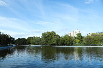 Naklejka na ściany i meble A lake in a local park in summer.