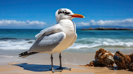 Fototapeta na wymiar : Majestic Royal Tern Bird Standing on Beach, Close-Up View, Elegant Wildlife, Coastal Environment, Graceful Features, Natural Habitat, Serene Seascape, Detailed Plumage, Soft Sunlight