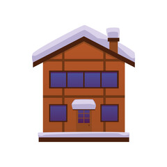 Wooden two-storied brown house covered in snow, vector door, windows and flue pipe, snowdrifts outdoor and on the roof