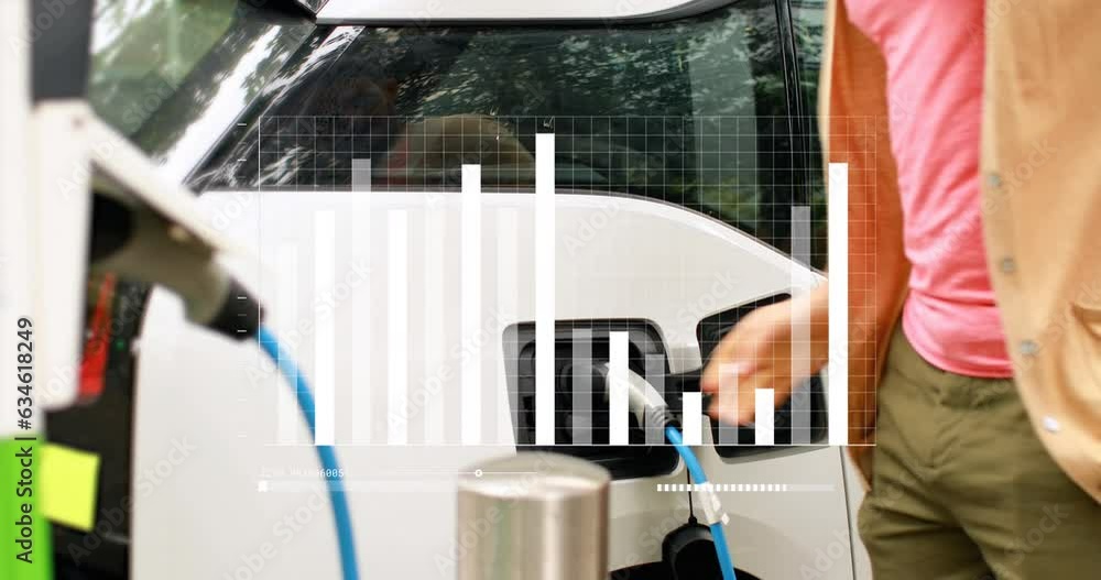 Poster animation of statistical data processing over mid section of man waiting while his car is charging