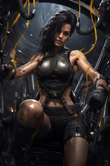 Fototapeta na wymiar Athletic girl surrounded by the metal. Female action hero, beautiful woman