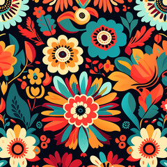 Seamless floral pattern with colorful flowers on dark background. Vector illustration.