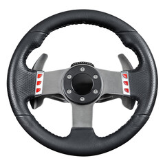 Leather gaming racing steering wheel with buttons, isolated on a transparent background
