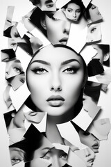 Black and white photo of woman's face surrounded by broken pieces of paper.
