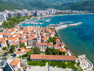 Obraz premium City of Budva in Montenegro. Aerial view of Old Town. Popular tourist destination in Montenegro. Balkans. Europe.