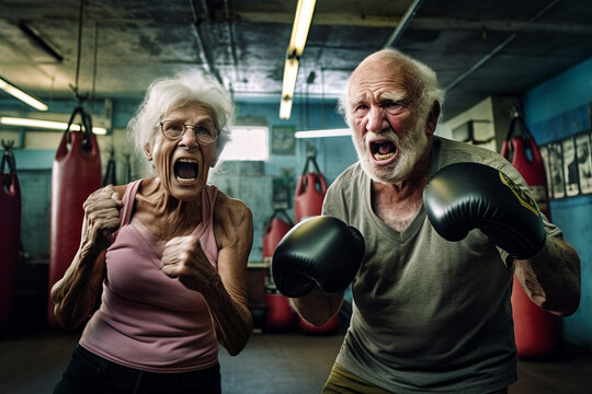 Old man and older woman boxing in boxing ring with boxing gloves on.