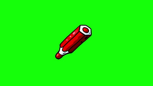 Cartoon magic red pencil springs out and disappears greenbox isolated. Useful for drawing lines.