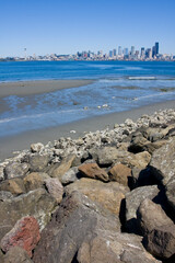 Serene Coastal Beauty with Clear Sky and Views of Puget Sound and Seattle from Alki Beach