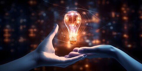A light bulb with a brain in the hands of a businessman, the concept of a business idea - obrazy, fototapety, plakaty