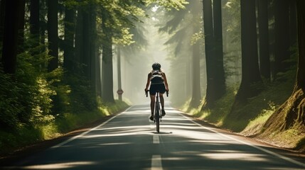 sport biker woman riding bicycle on street arond with forest, Generative AI